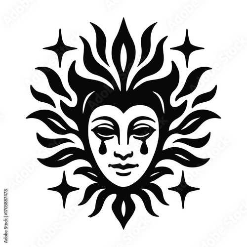 Striking Black and White Emblematic Illustration of a Crying Face Surrounded by Stylized Flames and Four-Pointed Stars Symbolizing Internal Turmoil