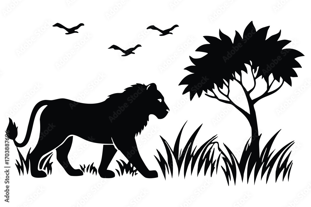 Fototapeta premium Majestic lion silhouette walking through tall grass with a tree and birds flying in the sky