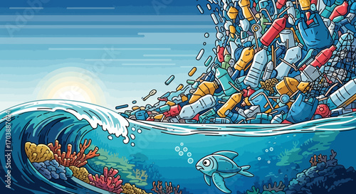 Conceptual Illustration of Plastic Waste Polluting the Ocean and Harming Marine Life. Vector Illustrations. EPS Editable