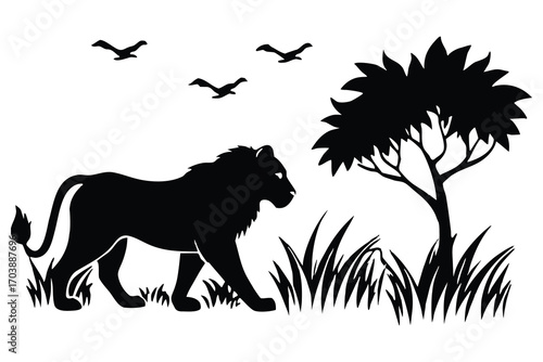 Majestic lion silhouette walking through tall grass with a tree and birds flying in the sky