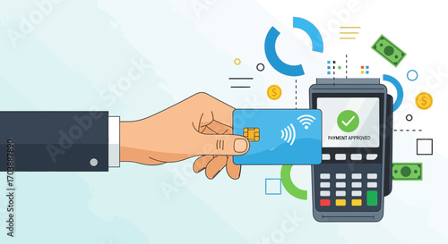 Contactless payment transaction with a credit card and POS terminal. Vector Illustrations. EPS Editable