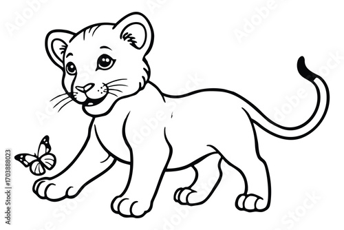 Adorable line art drawing of a cute baby lion cub playfully interacting with a butterfly