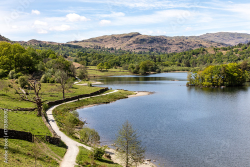 rydal water at grasmere lake district cumbria uk looking west towards silver howe sunny spring day no people