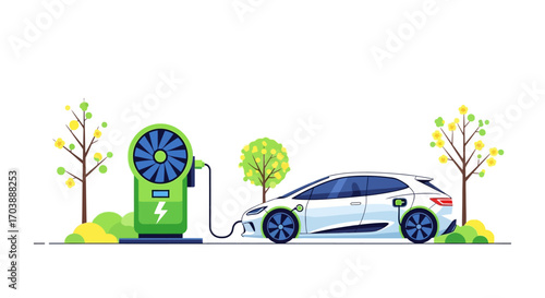 Electric car charging at a green station with trees. Vector Illustrations. EPS Editable