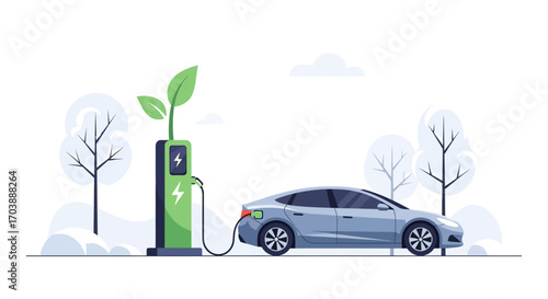 Electric Car Charging at Green Station in Winter Landscape Illustration. Vector Illustrations. EPS Editable