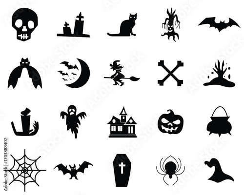 Halloween black silhouette icon set. Set of silhouettes of Halloween on a white background.