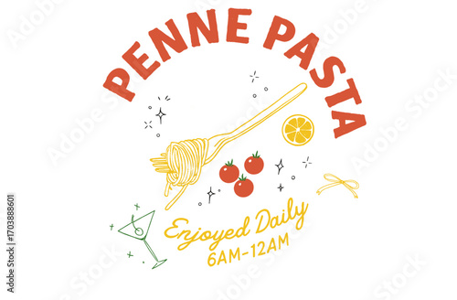 Italian Pasta Restaurant Poster. Retro Spaghetti and Wine Illustration. Vintage Food and Drink Artwork. Daily Menu Graphic.