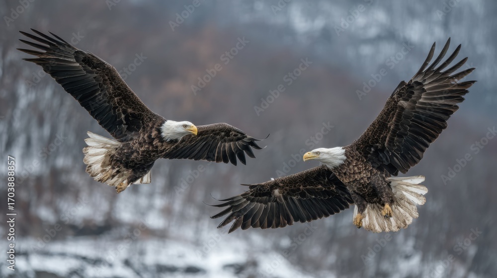 Fototapeta premium Two bald eagles soar gracefully through the winter landscape, their powerful wings outstretched against a backdrop of soft snow and trees. The scene captures the essence of wildlife beauty.
