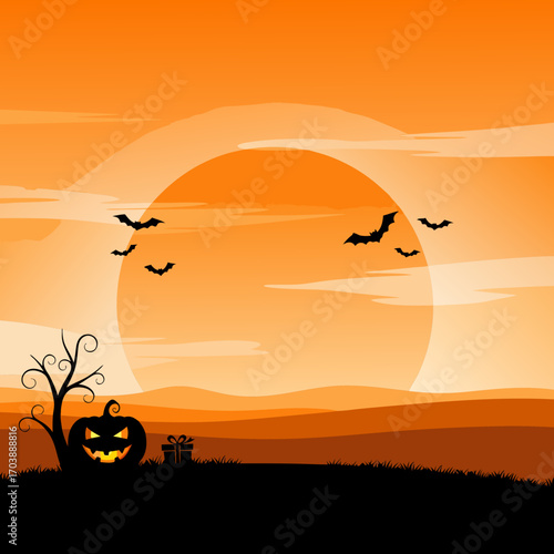 An atmospheric Halloween vector background. A spooky gnarled tree and a glowing pumpkin are silhouetted against an orange sky as bats fly in front of a large setting sun.