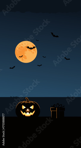 An atmospheric vector illustration of a classic Halloween night. A carved pumpkin glows in the dark as bats fly across a harvest moon in a spooky, dark blue sky.