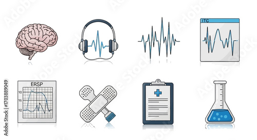 Hand drawn collection of medical and neuroscience research icons. Vector Illustrations. EPS Editable