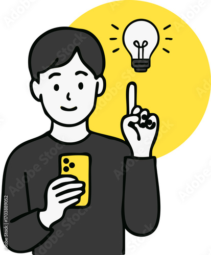 illustration of man holding a mobile smart phone with bulb idea