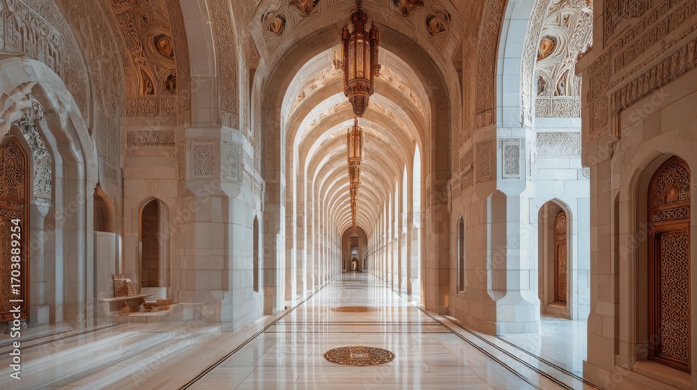 Fototapeta premium Visitors stroll through an elegant corridor adorned with detailed arches and ornate chandeliers, showcasing exquisite craftsmanship and serene ambiance.