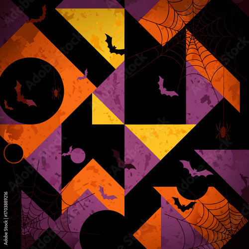 A modern geometric Halloween background. This repeating vector pattern features a patchwork of textured shapes with bats and spiderwebs, ideal for fabric, wrapping paper, or wallpaper designs.