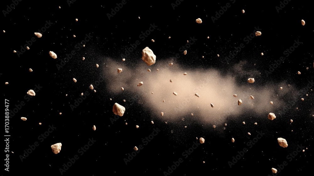 Fototapeta premium Dust Particles and Floating Rocks in Space with Ethereal Glow and Dark Background Creating Atmospheric Science Fiction Imagery