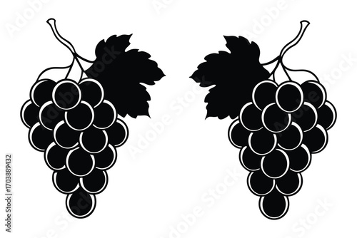 Symmetrical black silhouette of two bunches of grapes with leaves on white background