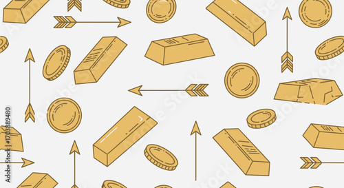Hand drawn seamless pattern of gold bars coins and arrows. Vector Illustrations. EPS Editable