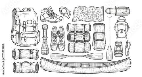 Hand Drawn Sketch Collection of Camping Hiking and Canoeing Gear. Vector Illustrations. EPS Editable