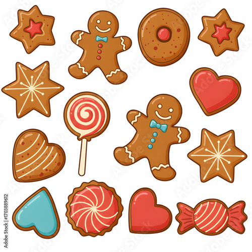 Festive Assortment of Gingerbread Cookies and Holiday Candies in Grid Layout