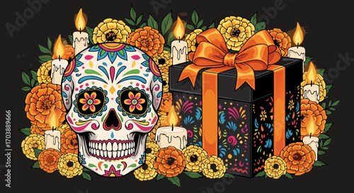 A lush ofrenda (altar) for the Mexican Day of the Dead holiday. This detailed vector includes a sugar skull, a gift box, cempasúchil flowers, and candles against a black background.