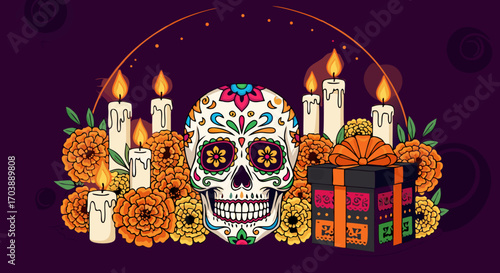 Vector illustration of a traditional Mexican ofrenda (altar) for the Day of the Dead holiday. Features a colorful calavera, cempasúchil flowers, and candles on a purple background.