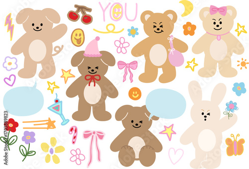 Cute vector illustration of puppy and teddy bear for animal, pet shop, vet, zoo, souvenir, standee, cartoon character, comic, mascot, plush toy, kid doll, pet costume, accessory, mood, expression