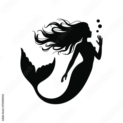 Playful Mermaid Silhouette Illustration with Bubbles in a Black and White Design