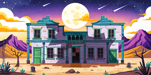 Western ghost town saloon with shattered windows, glowing moon casting spooky shadows on ruins