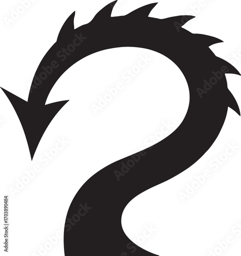 Dragon tail with spikes silhouette, fierce mythical creature vector, fantasy illustration.