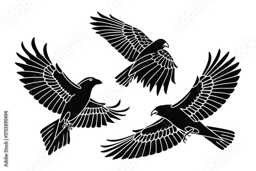 Three stylized black birds with spread wings in flight against a white background
