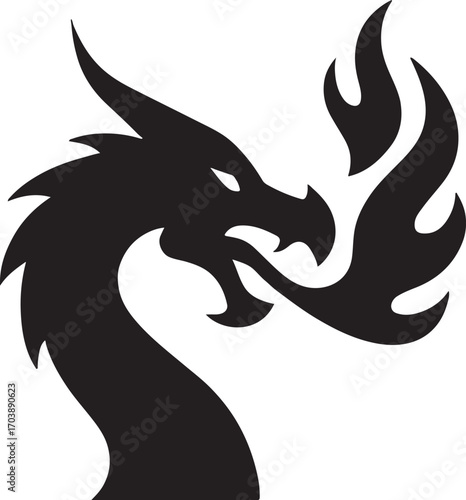 Dragon and flames silhouette, fierce mythical creature vector, fantasy fire illustration.