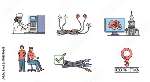 Scientific Research Ethics and Clinical Trials Icon Set. Vector Illustrations. EPS Editable
