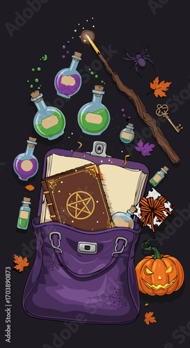 A magical vector illustration of a witch's purple bag overflowing with essentials like a spellbook, colorful potions, a wand, and a pumpkin. Perfect for fantasy, witchcraft, and Halloween themes.