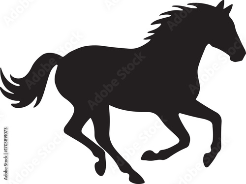 Horse galloping silhouette, dynamic equine vector, fast-moving animal and freedom illustration.