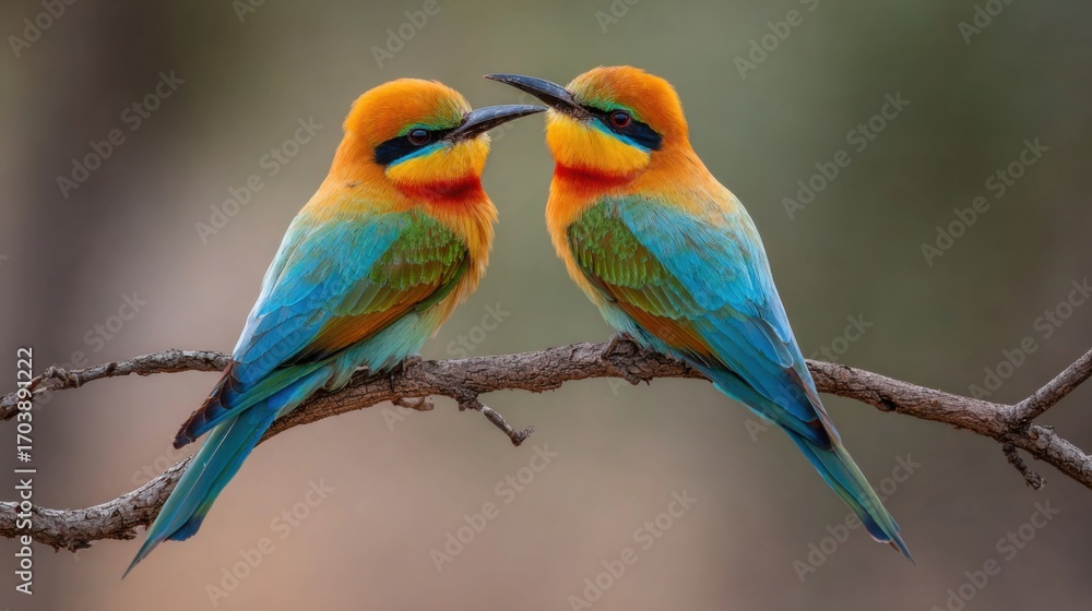 Obraz premium Two vibrant birds with orange and blue plumage are perched close together on a thin branch in a peaceful natural setting. The soft light of dusk enhances their colors beautifully.