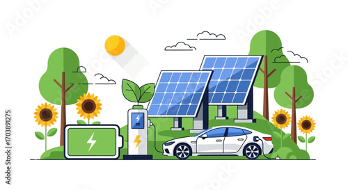 Solar Powered Electric Vehicle Charging Station. Vector Illustrations. EPS Editable