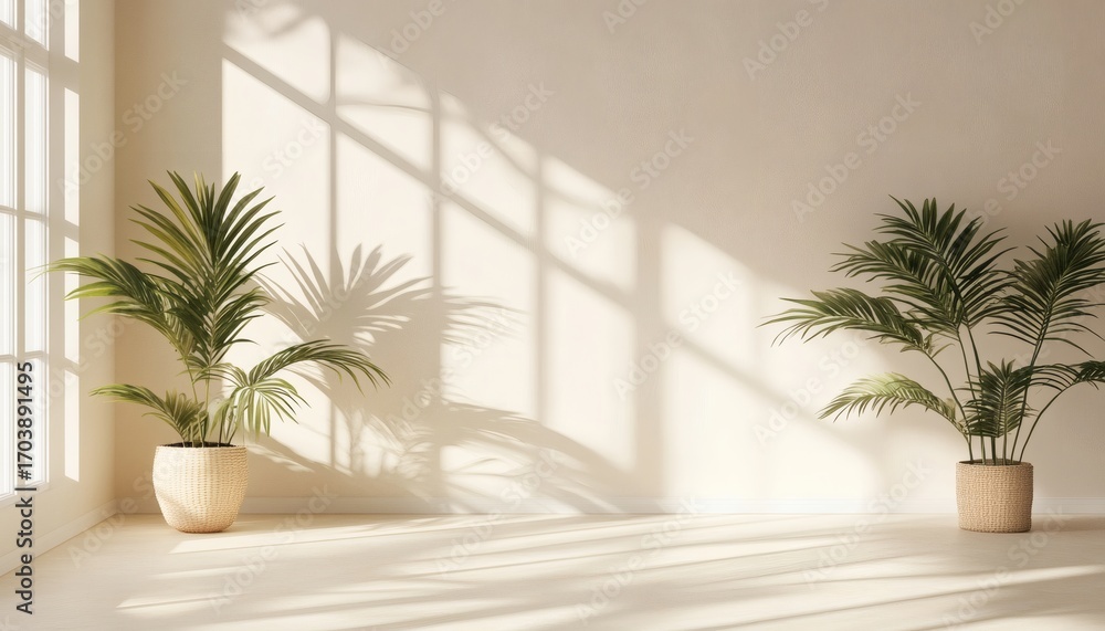 Fototapeta premium Two potted palm plants sit in woven baskets on a light wood floor against a neutral wall with bright window light casting shadows.