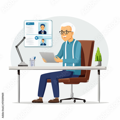 Vector art of senior man in a video conference