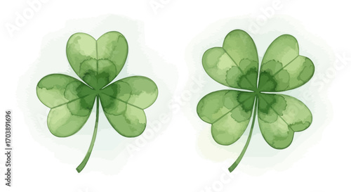 Watercolor illustration of a three leaf shamrock and a lucky four leaf clover. Vector Illustrations. EPS Editable