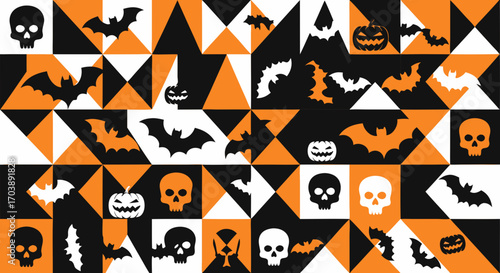 A retro video game style geometric pattern for Halloween. This seamless background features 8-bit pixel art icons of skulls, bats, and ghosts in an abstract mosaic of squares and triangles.