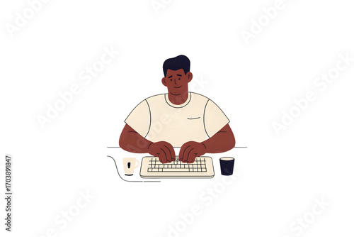 Young man happily typing on a keyboard at a desk with a computer mouse and a drink.