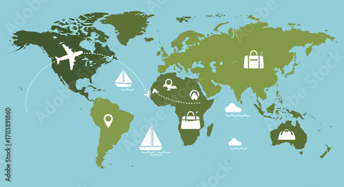 World map illustration with travel icons for global tourism and transportation. Vector Illustrations. EPS Editable