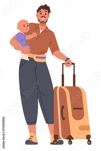 Happy young father standing holding a baby and a suitcase going on vacation flat vector illustration isolated on white.