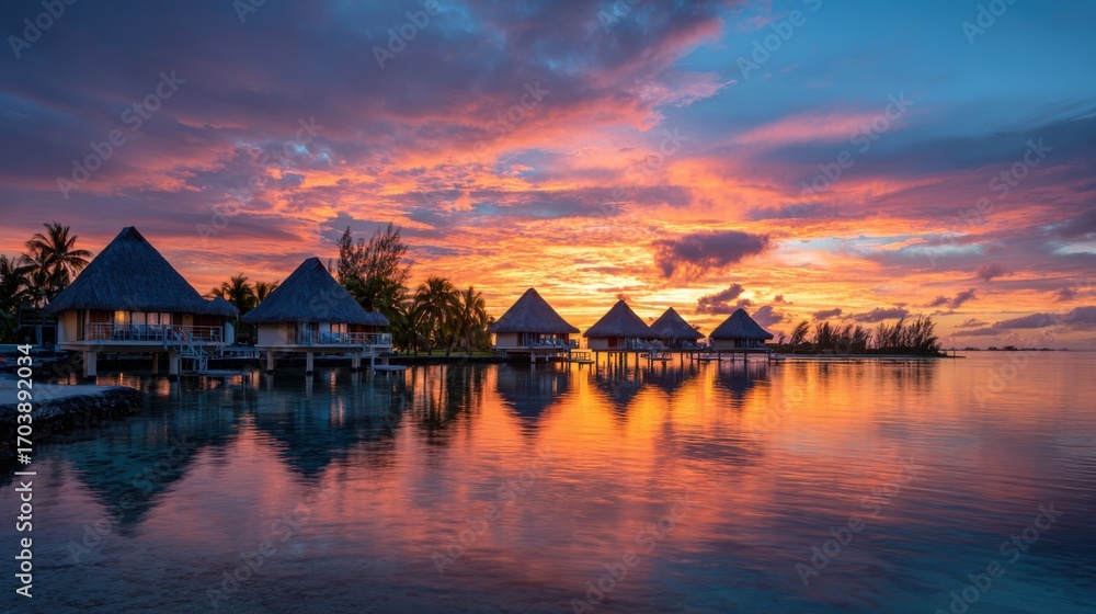 Fototapeta premium Colors explode in the sky as the sun sets beyond tropical bungalows. The serene beachfront is surrounded by palm trees, creating a peaceful, idyllic scene.