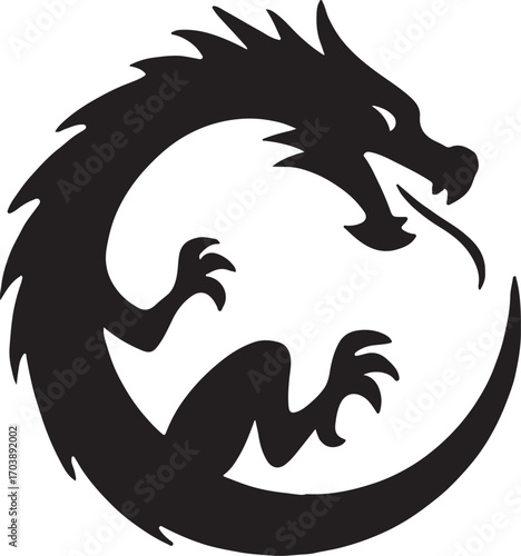Chinese dragon curled in circle silhouette, mythical creature vector, fantasy illustration.