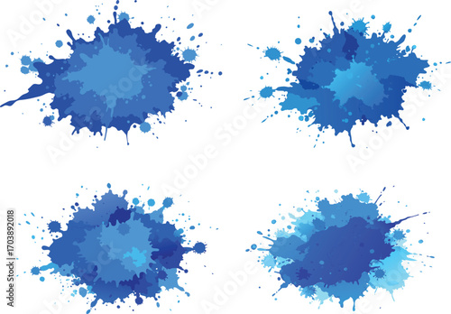 Four blue ink splatters of various sizes and shades on white background