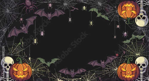 A retro video game style frame or border for Halloween. This pixel art template features skulls, jack o' lanterns, bats, and hanging lights with a blank space in the center. 8-bit aesthetic.