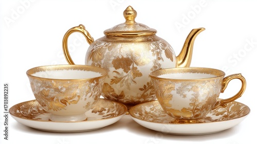 Tea set white  gold floral teapot two cups  saucers frontfacing