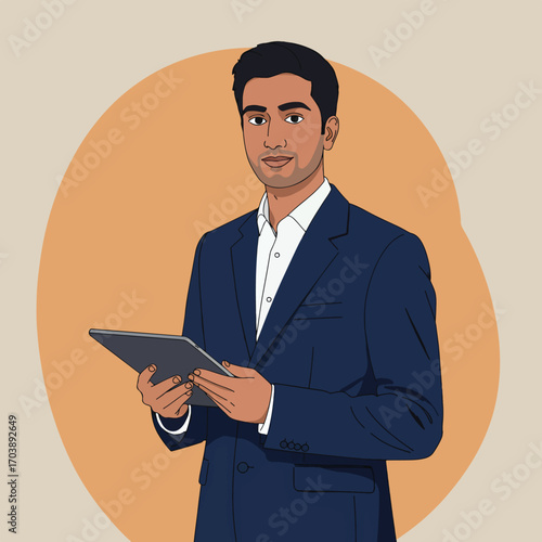 Vector Illustration of Businessman Holding Tablet in Modern Minimalist Style with Neutral Colors