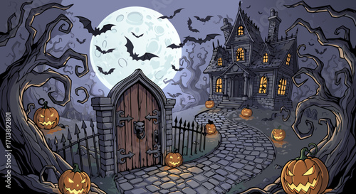 A cobblestone path leads through an old cemetery gate towards a haunted house under a full moon. Spooky jack o' lanterns light the way in this classic Halloween landscape scene.